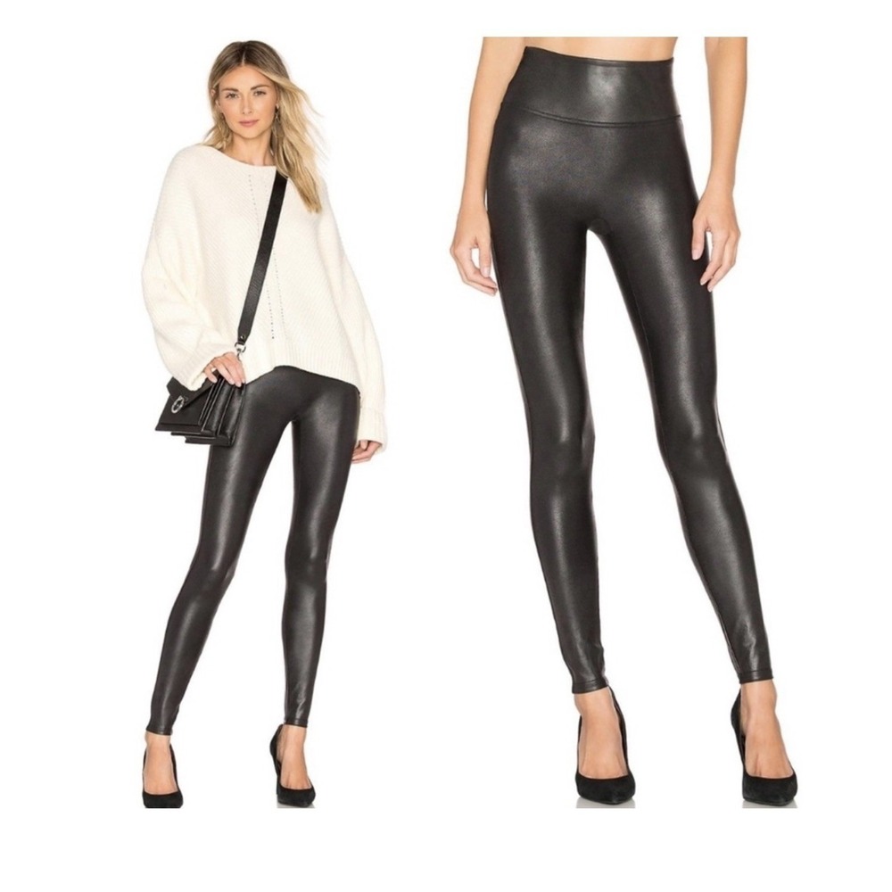 SPANX Faux Leather Shimmer Black High Rise Leggings stretch Sz S tummy control
